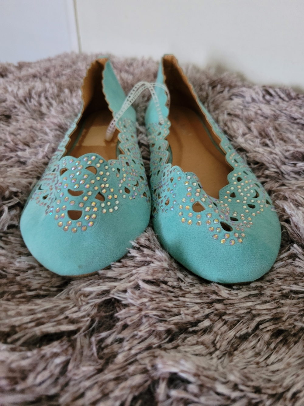Nature Breeze Aqua Rhinestone Scalloped Ballet Flats